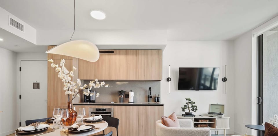 Bright dining nook with warm lighting and modern decor