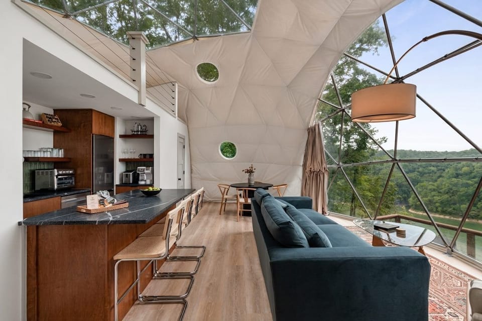 Stunning dome retreat with forest views, designer kitchen, and airy lounge