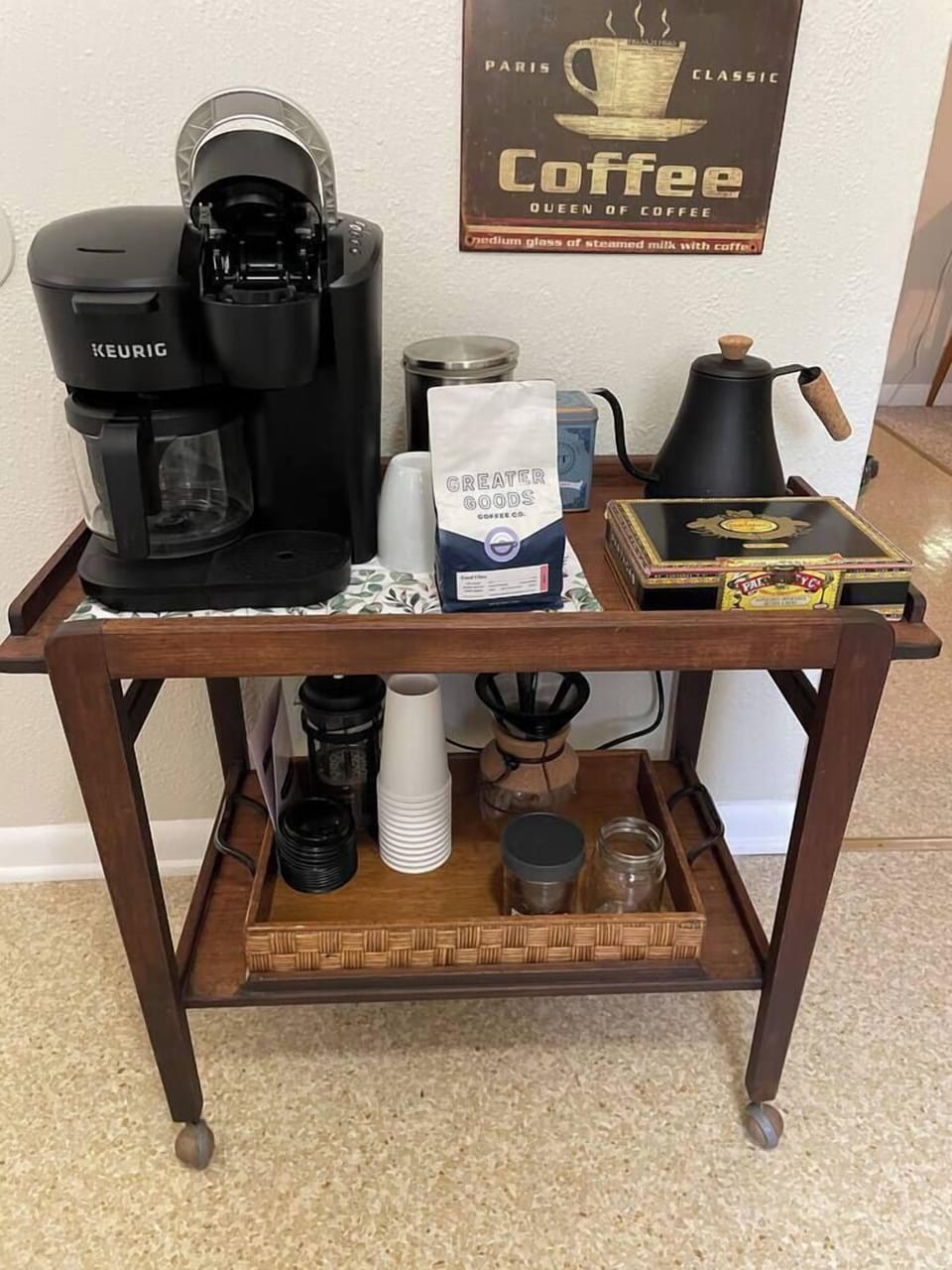 We are proud of our Coffee Bar! We give you four options Keurig pods, brewed, pour over or french press. We also have tea and an electric kettle.