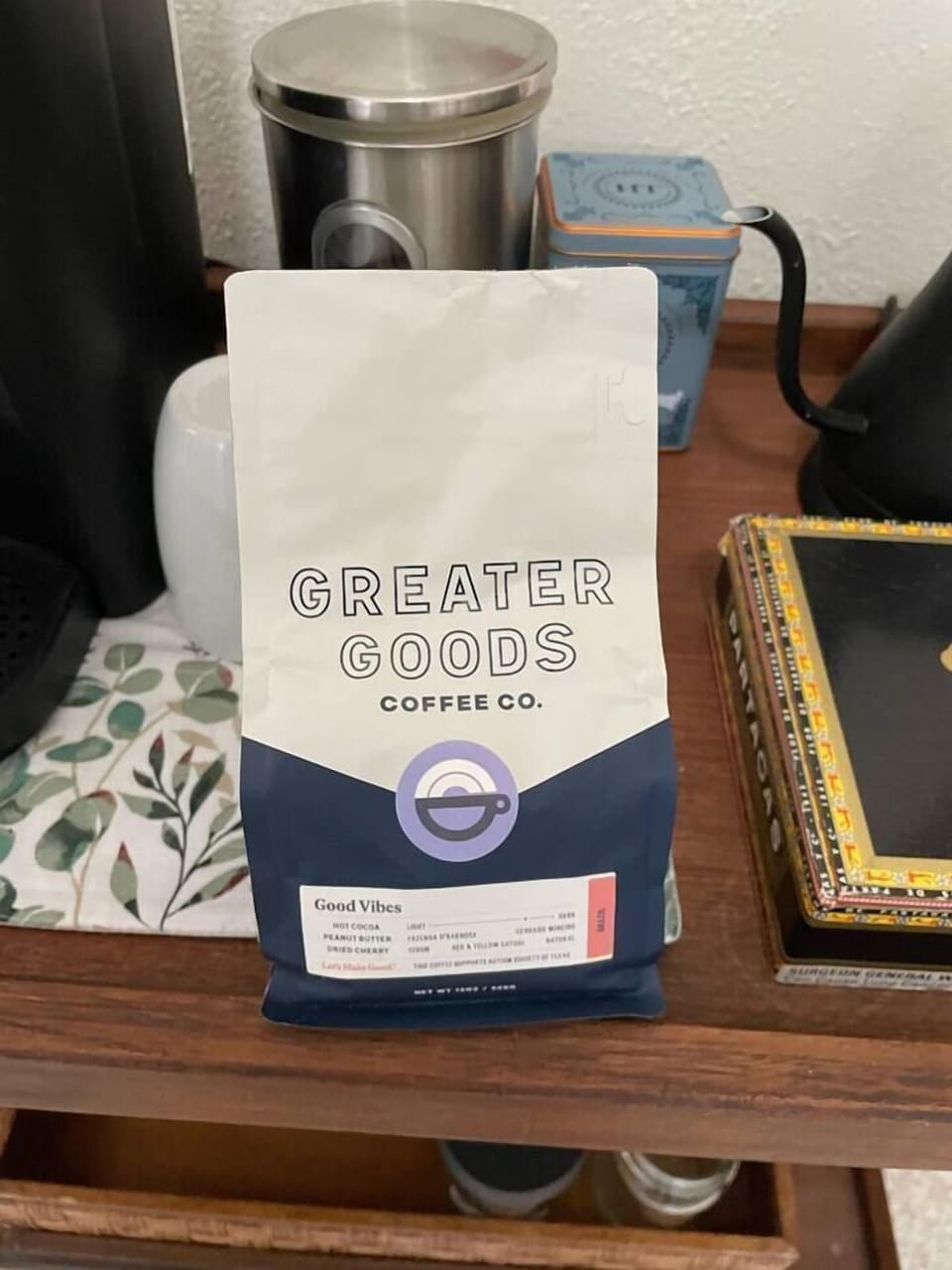 Our Coffee is from Greater Good in Austin. They support the local food bank,  the Autism Society, & Austin Pets Alive. By the way it also great coffee!!! 