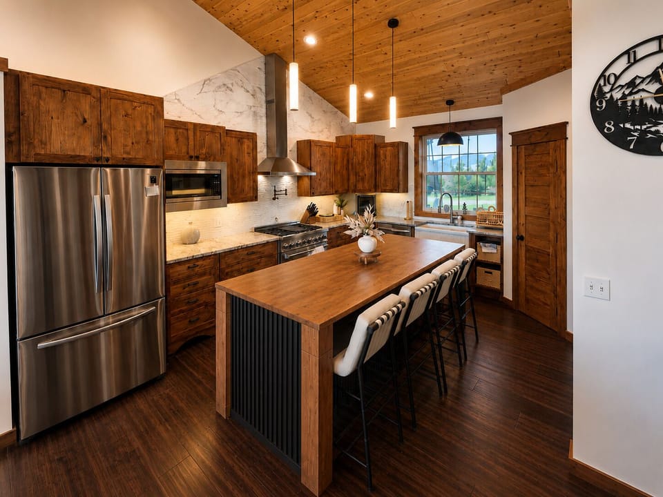 A chefs kitchen built for gathering - vaulted wood ceilings, handcrafted cabinetry, grantie countertops, premium appliances, and spacious island with seating for 4 makes this the perfect place to cook, connect, and create lasting mountain memories.