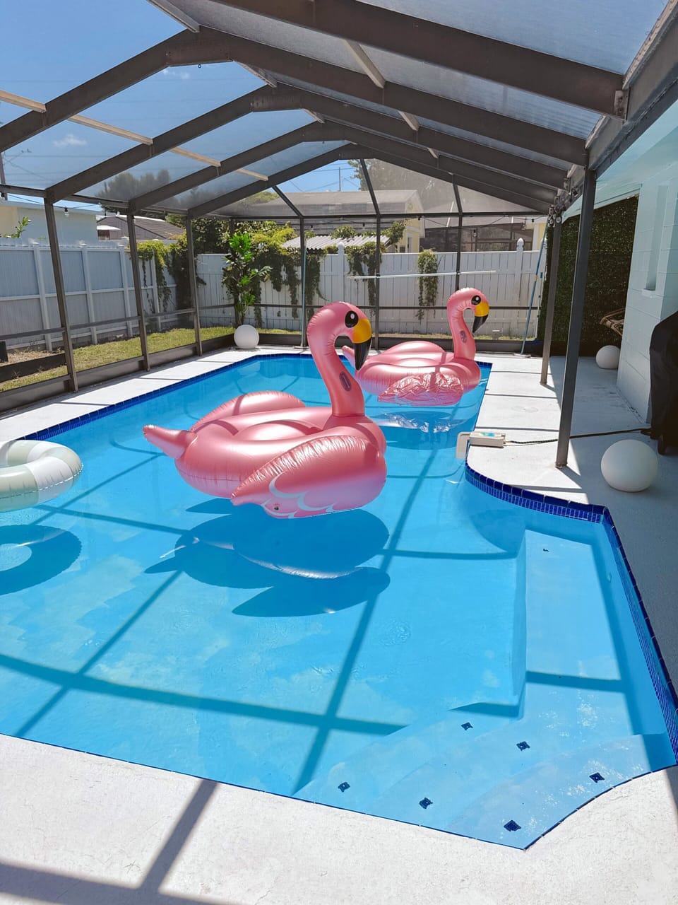 Screened private pool with sunny lanai and playful flamingo floats