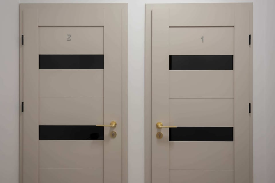 Two modern entrance doors with gold handles. The minimalist design matches the apartment’s contemporary style.