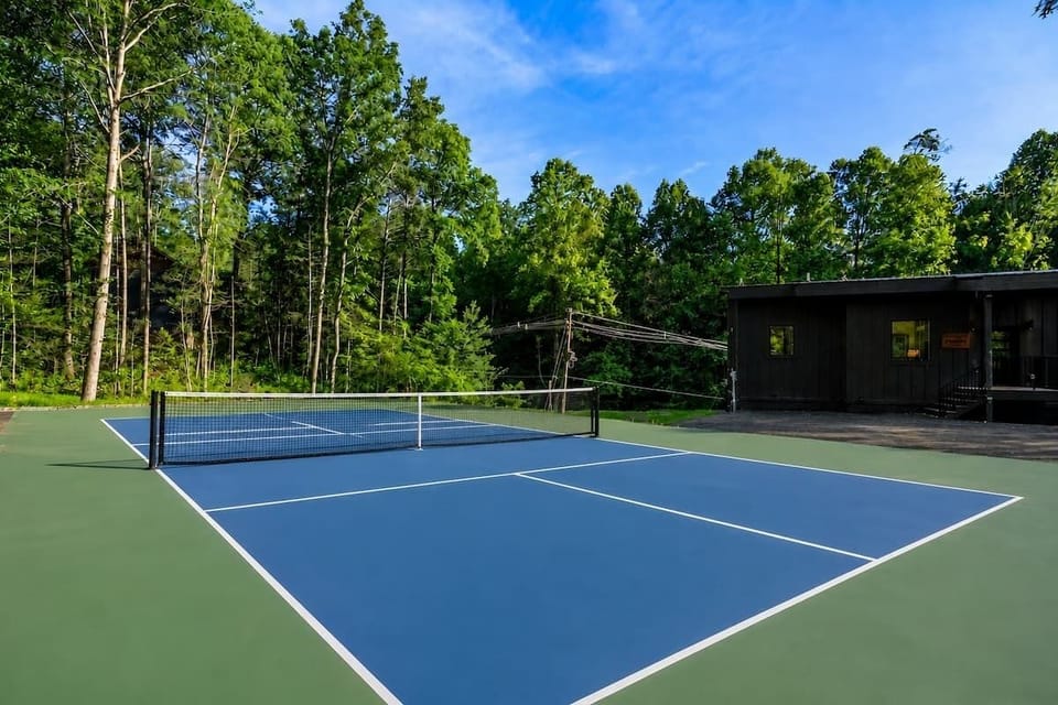 Outdoor pickleball court surrounded by towering trees