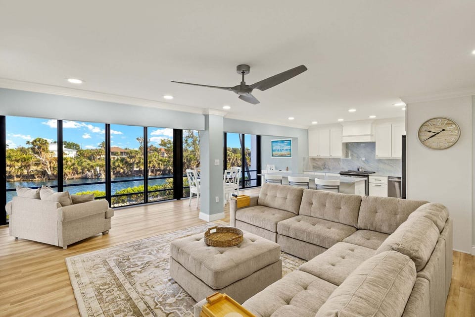 Living area with beautiful canal views