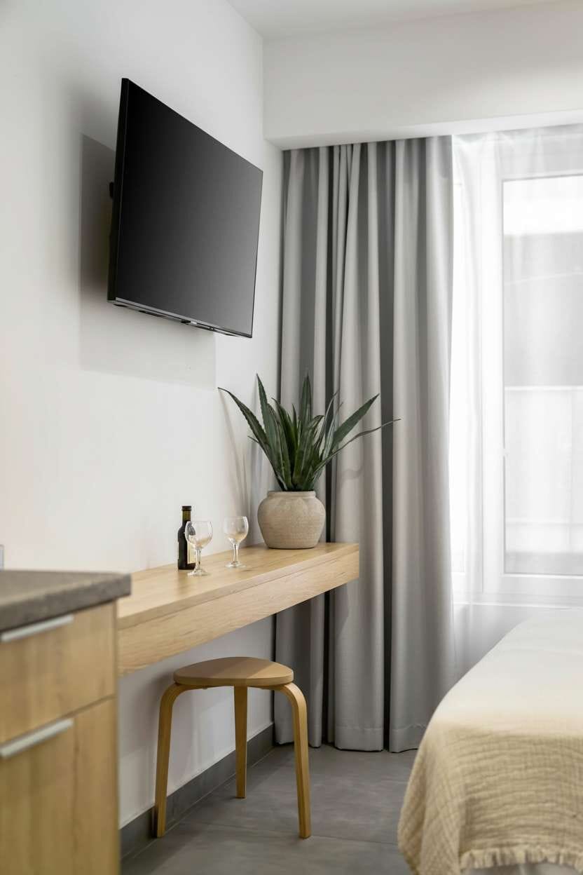 Wall-mounted screen pairs with a versatile table ideal for dining, planning days, or evening entertainment.