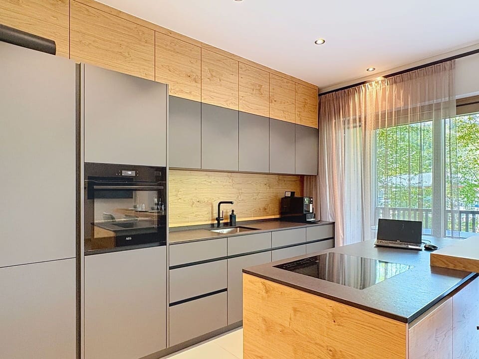 Kitchen, Countertop, Kitchen Appliance, Flooring, Wood, Cabinetry, Interior Design, Furniture, Major Appliance, Floor