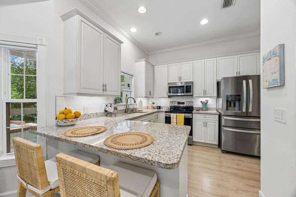 The kitchen is fully stocked for our guests; Refrigerator, Electric range (five burners), Microwave, Dishwasher, Standard drip, Toaster, Blender, RO water system for drinking, Kitchen bar with two bar seats, Office desk.