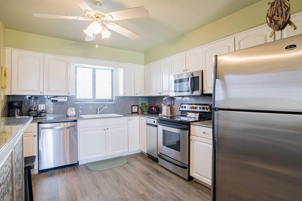 Modern kitchen with stainless steel appliances and bright natural light
