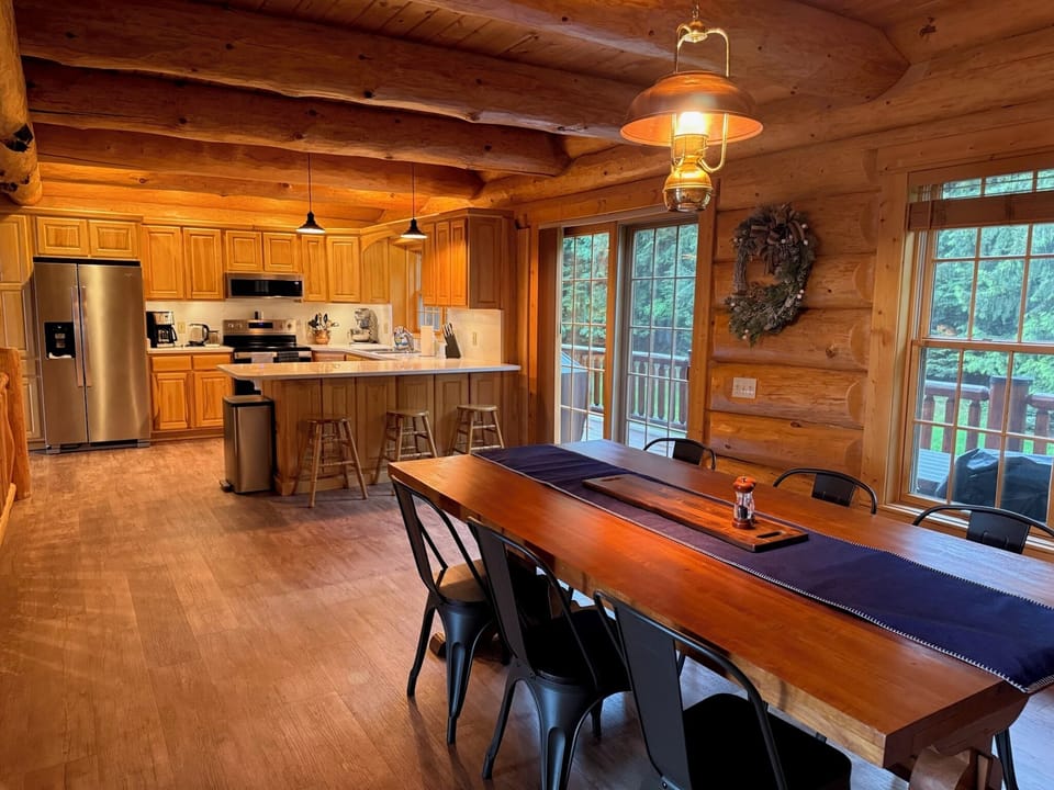 Kitchen and dining room on upper level