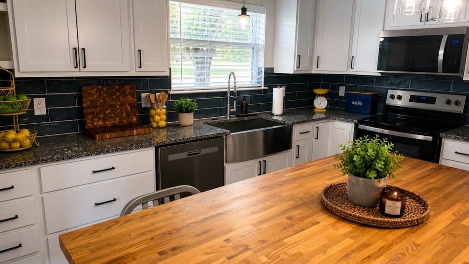 Modern farmhouse kitchen with wooden island