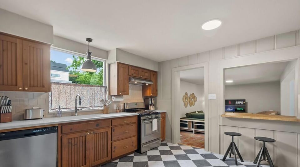 Prep a group dinner with the gas range, ample counter space, and all the cookware you need.