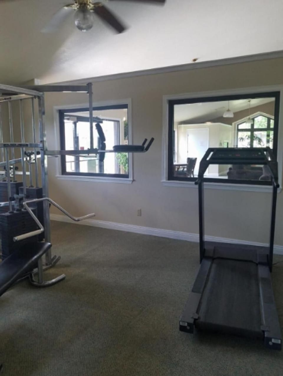 Gym room with gray carpet, weight machine, treadmill, and beige walls under a ceiling fan light.