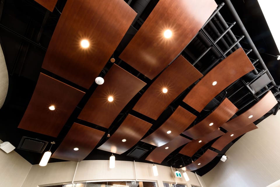 Striking decorative ceiling with artistic woodwork and ambient lighting.