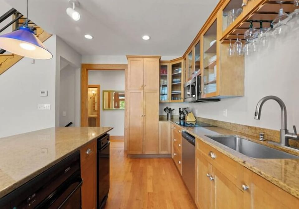 Galley style kitchen with lots of island counter space.