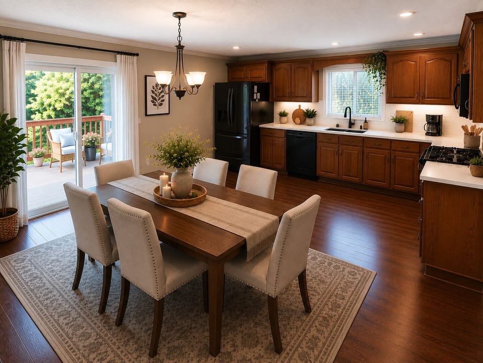 Elegant dining area seamlessly connected to a spacious kitchen.