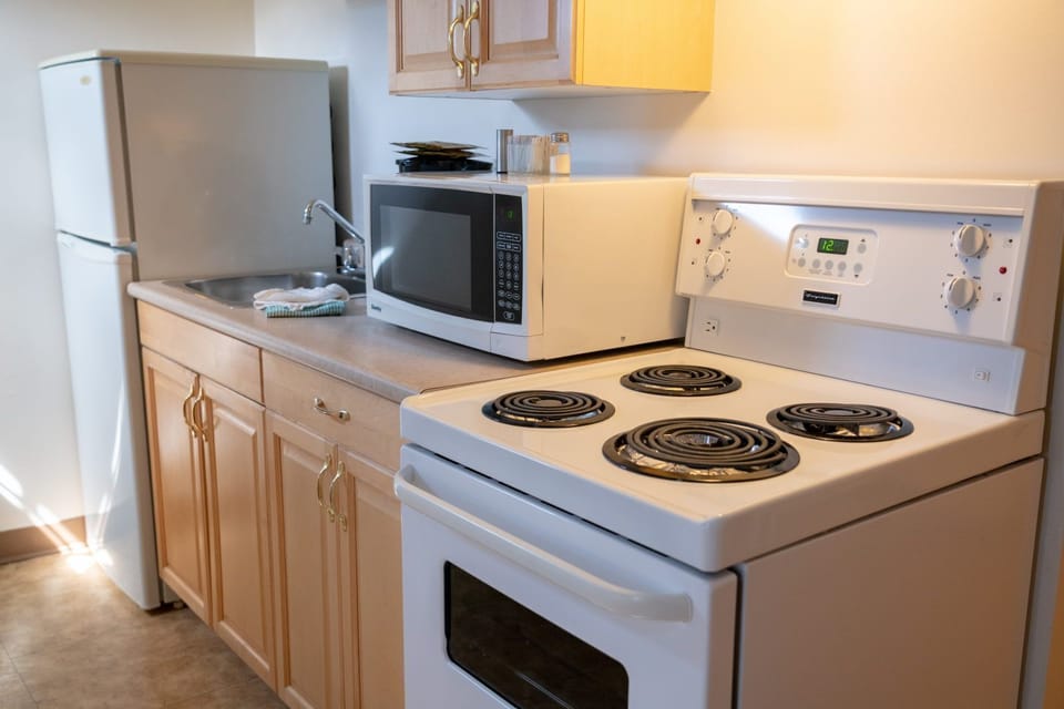 Four-burner electric stove and microwave above a clean countertop — everything you need for cooking in