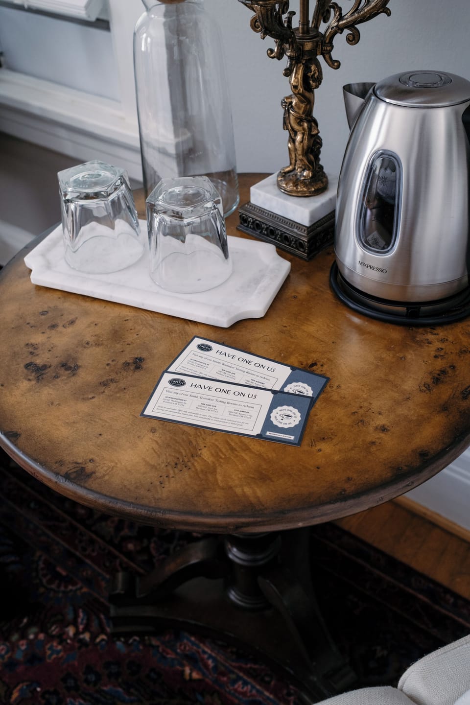 Elegant in-room tea station with guest perks and boutique charm