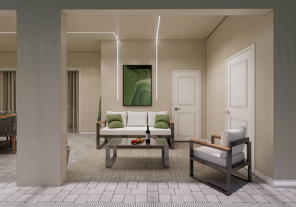 Welcome to a stylish living area that combines natural textures and soft tones. Enjoy comfortable seating for relaxation, a warm plush rug underfoot, and a striking artwork that adds character to this inviting space.