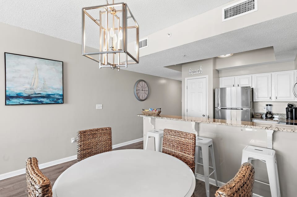 Kitchen has GULF VIEWS, granite countertops, stainless appliances - fully stocked with more than the basics (coffee/tea bar, oils/salt and pepper, plenty of pots/pans/cookware)