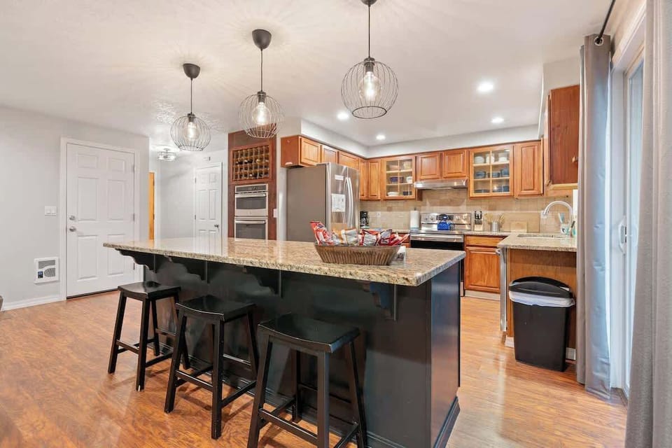 Kitchen island with bar seating.