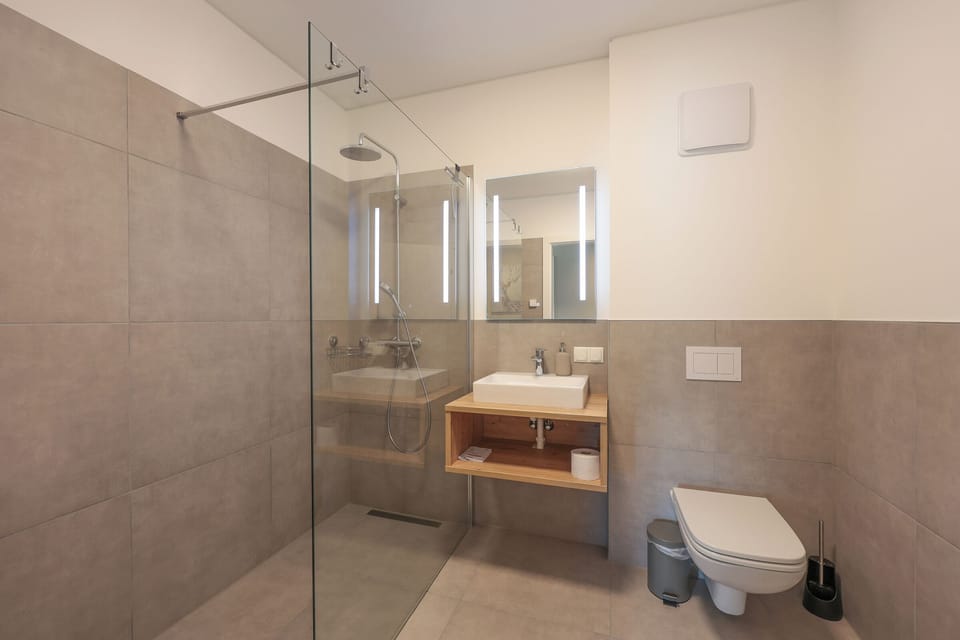 Bathroom 1, shower and toilet