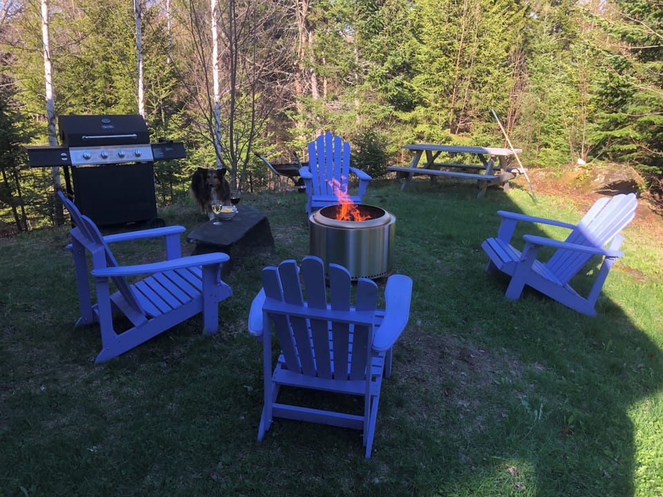 Outside space with Solo Stove overlooking the pond.