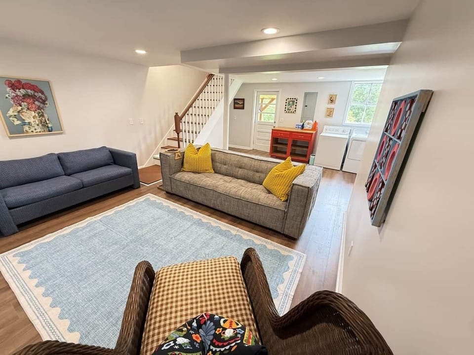 The blue sofa has a pull-out bed.