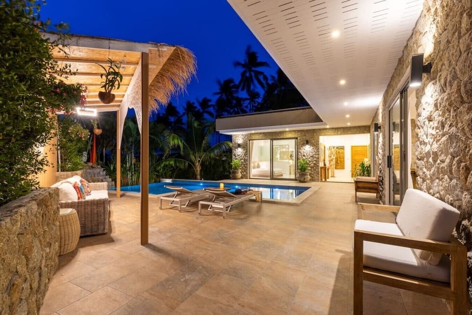 Pool Terrace at Dusk – Thatched Balinese Sala & Outdoor Lounge, Koh Samui