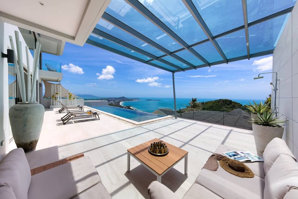 Glass-Railed Balcony with Ocean and Mountain Views - Villa Love Koh Samui Rental