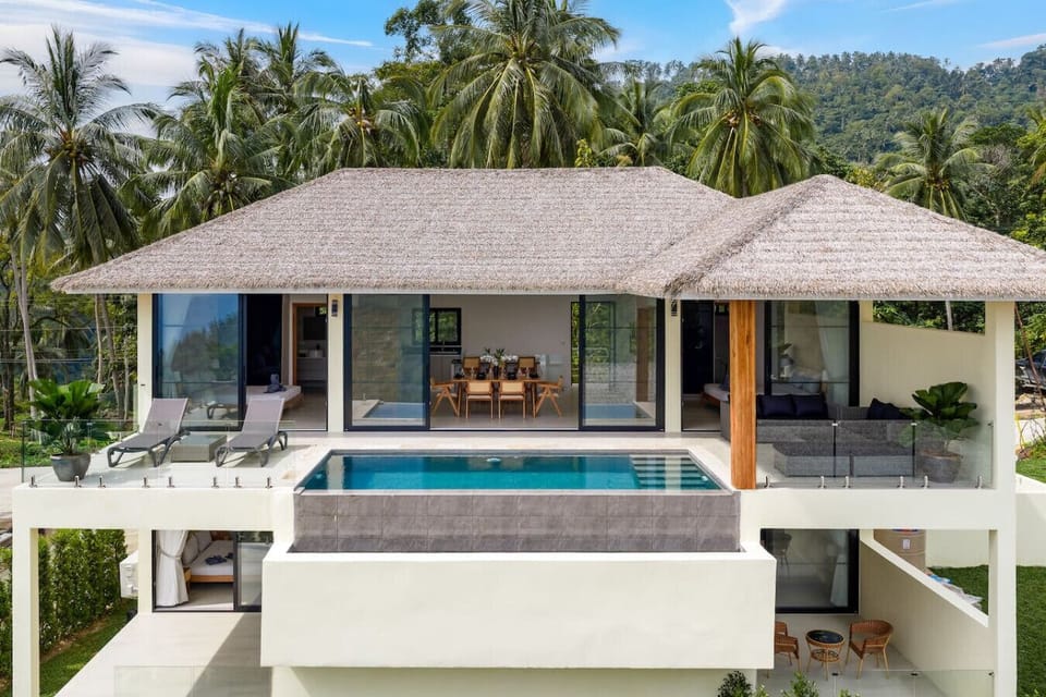 Private pool with open-air lounge pavilion surrounded by tropical gardens, Koh Samui villa rental