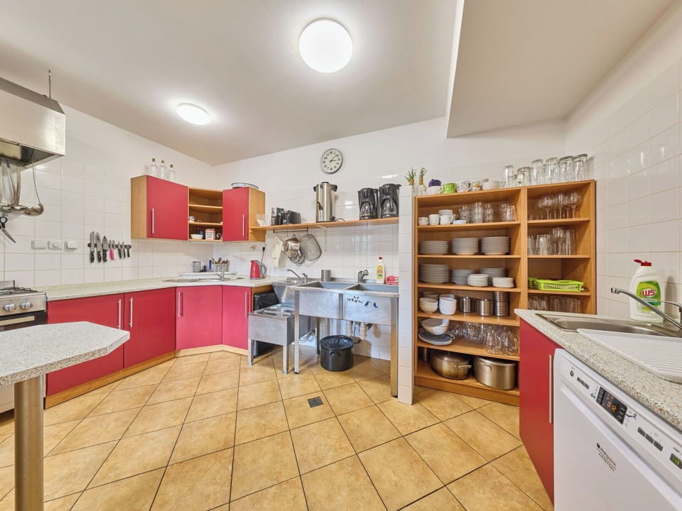 Interior Design, Flooring, Ceiling, Floor, Kitchen, Room, Cabinetry, Kitchen Appliance, Countertop, Shelf
