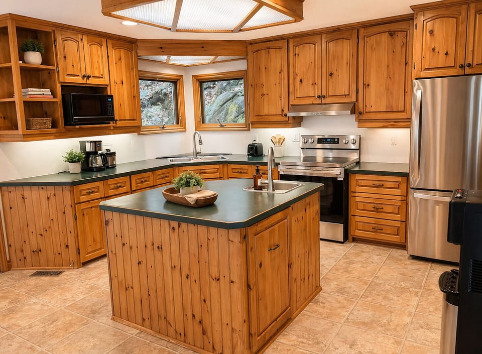 Fully equipped kitchen for easy family meals at the cottage.