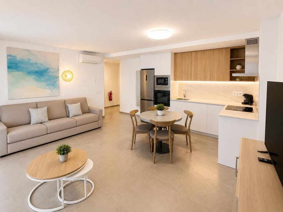A bright modern living room with soft natural light, elegant neutral decor.