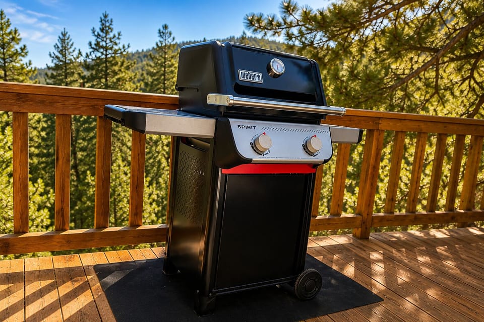 Private forest-view deck with Weber grill for easy outdoor dining