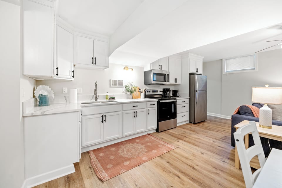 Kitchen fully equipped for cooking and food prep. New Appliances.