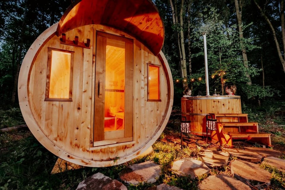 Secluded Forest Tiny House with Wood-Fired Sauna & Hot Tub Near Norfolk County, Simcoe, Ontario Cabin in Lake Erie