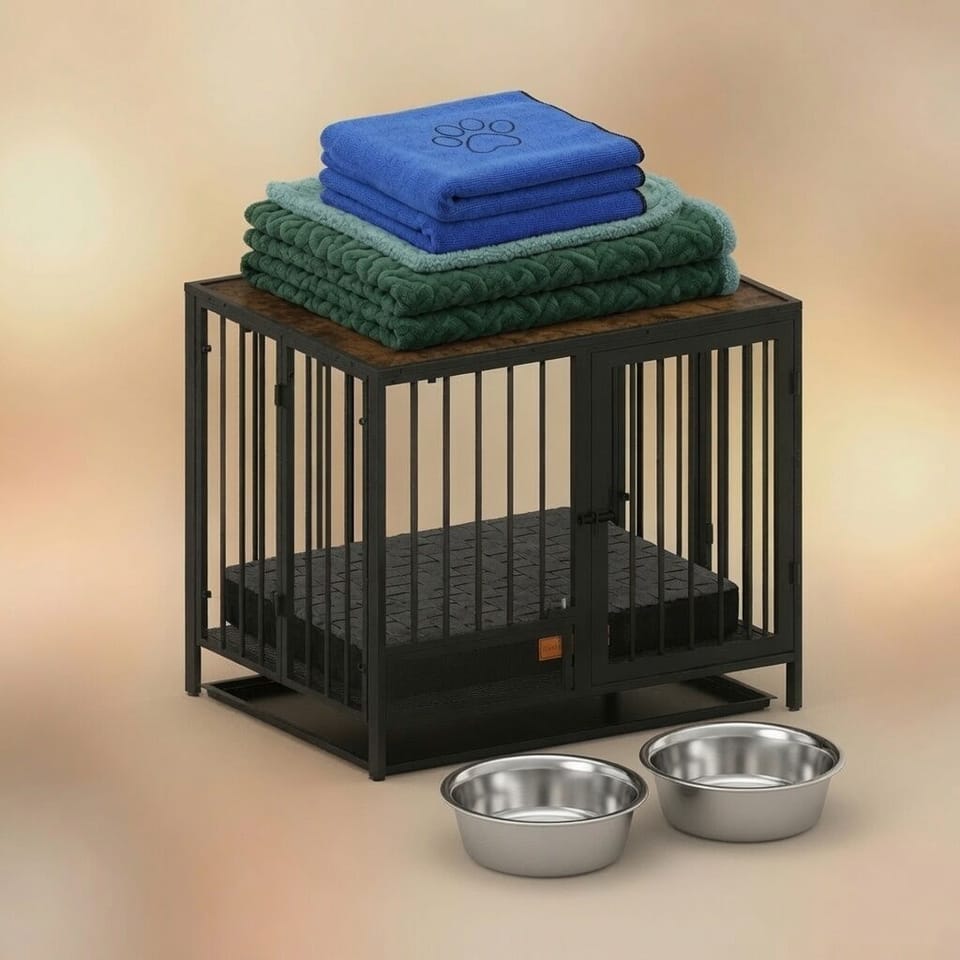 Pet-ready setup for 1 pet: crate, bed, bowls, towels, cover, mat, and poop bags.