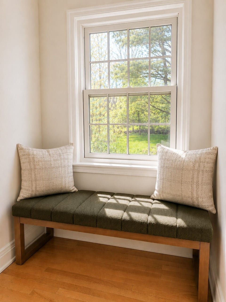 A cozy sunlit nook perfect for morning coffee, quiet reading, or simply relaxing and taking in the peaceful backyard views.