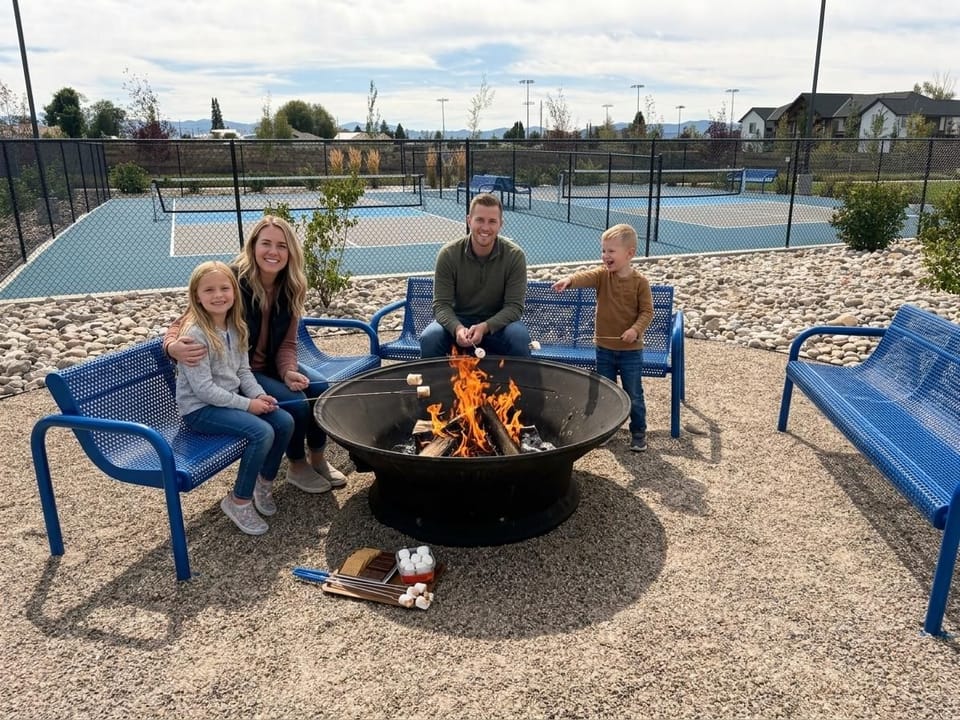 Cozy fire pit lounge with pickleball courts for family-friendly fun