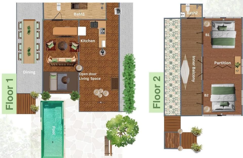 【 Floor Plan】The first floor has an open living area, kitchen, dining, washroom, and pool. Upstairs features two bedrooms, a semi-outdoor bath, and a large balcony for gatherings.