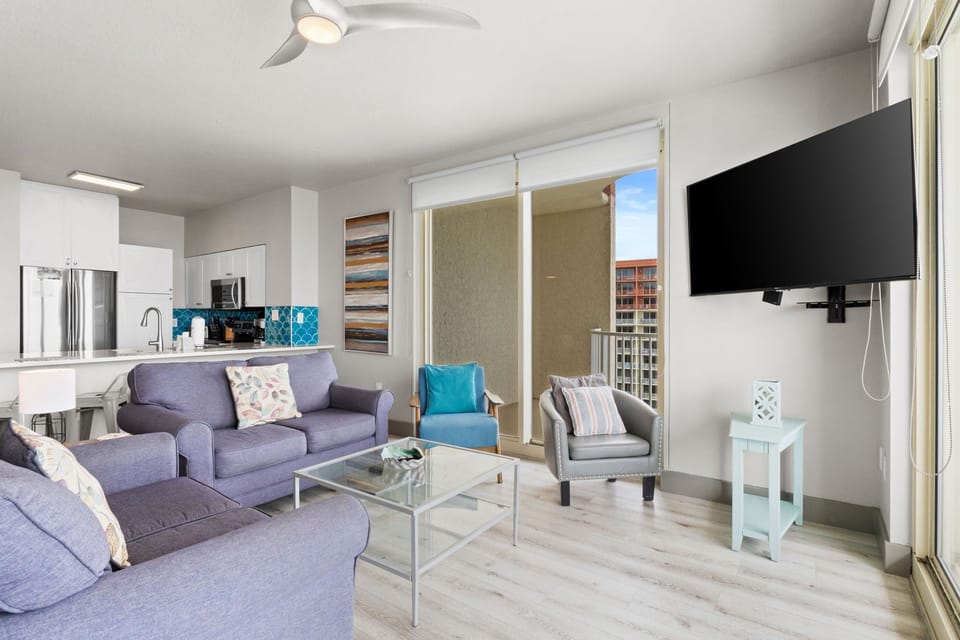 A large TV is positioned for easy viewing from anywhere in the room.