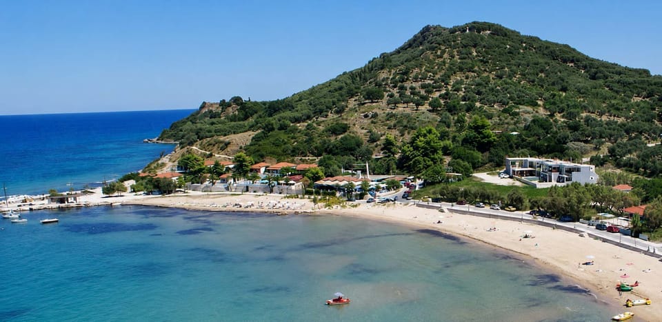 Just 30 metres from the property, Alykes Beach offers soft sand, shallow crystal clear waters and a relaxed setting for swimming and seaside walks throughout the day.