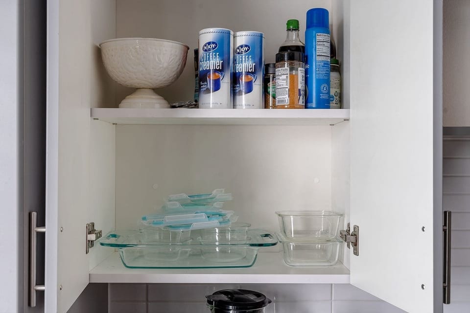 Bathroom shelf stocked with essentials