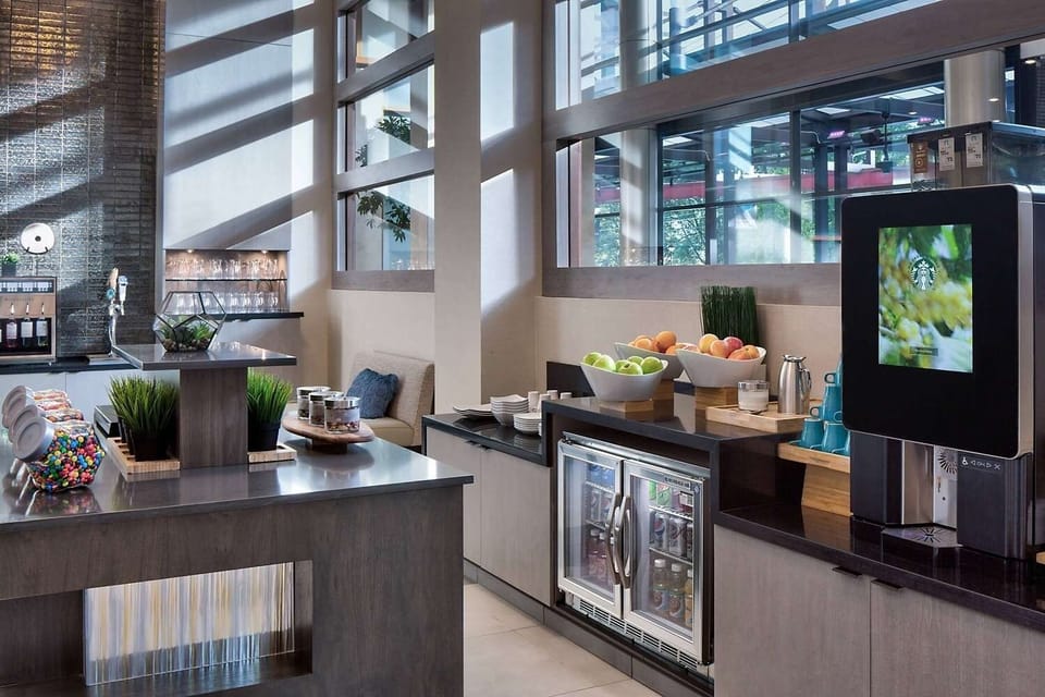 Start your morning with fresh bites in the bright café.