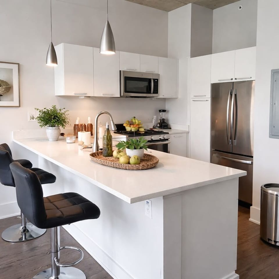 Modern Chef's Kitchen. "Fully equipped kitchen featuring quartz countertops,