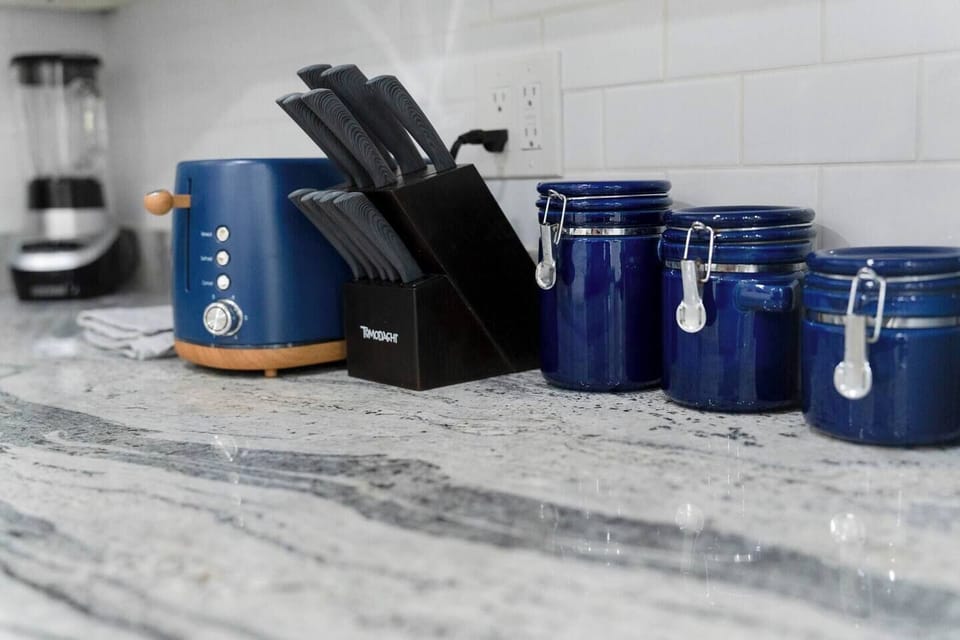 Well-stocked kitchen includes a quality knife set for easy meal prep during your stay.