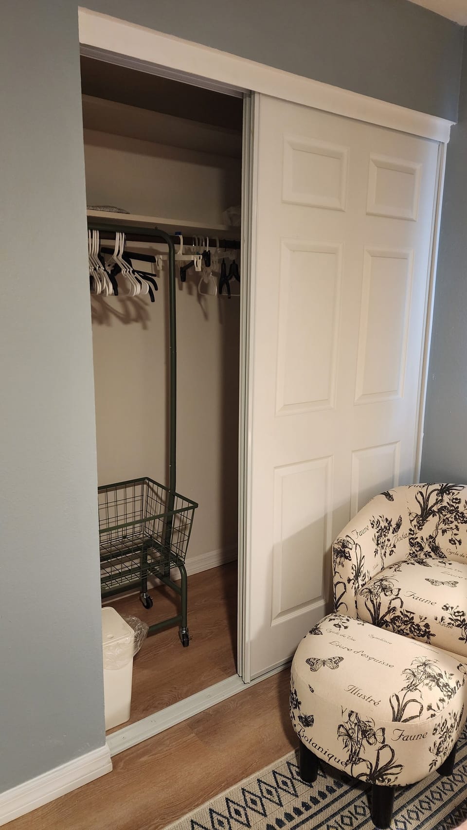 large closet and rolling hamper to easily take to laundry room