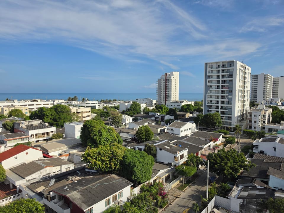 Ocean and skyline views above a leafy, quiet coastal neighborhood.