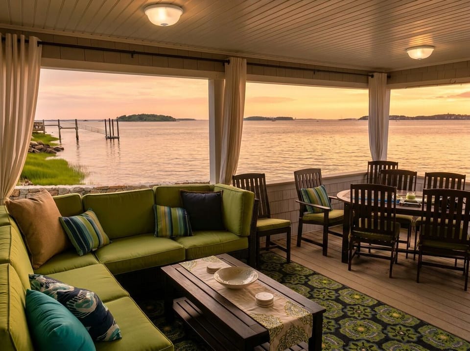 Screened waterfront porch with sunset views, dining space, and lounge seating